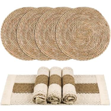Imagem de Jogo americano Boho feito à mão, conjunto de 4 corredores de mesa para cozinha, mesa de jantar, casa de fazenda, decoração de mesa de mesa de algodão natural e palha de água (jogo americano Boho