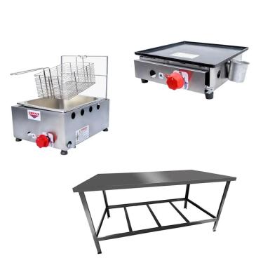 Imagem de Kit Lanchonete Mesa De Manipulação 120x55cm + Fritadeira A Gás 1 Cuba + Chapa A Gás 30cm Alcamar