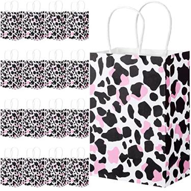 Imagem de TaoBary 24 peças de lembrancinha de festa de vaca rosa bolsa de presente com estampa de vaca com alça de discoteca vaqueira decorações de aniversário para chá de bebê de animais de fazenda cowboy