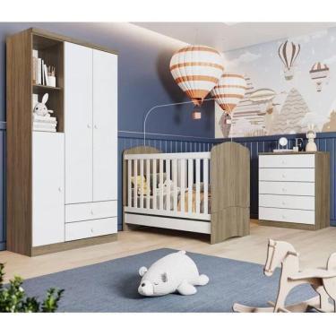 Imagem de Quarto De Bebê Com 1 Guarda Roupa 1 Cômoda E Berço 3 Em 1 Abracadabra Espresso Móveis Rústico/Branco