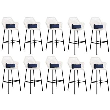 Imagem de Kit 10 Banqueta Alta Com Encosto Sttar Ferro Preto Fibra Branco Almofada Suede Azul Marinho