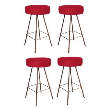 Imagem de Kit 04 Banqueta Alta Laisa Industrial Redonda Cozinha Bar Bistrô Ferro Bronze Corino Vermelho