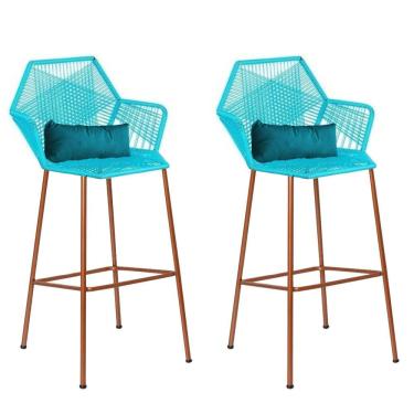 Imagem de Kit 02 Banqueta Alta Sttar Ferro Bronze Fibra Azul Turquesa Almofada Suede Azul Turquesa