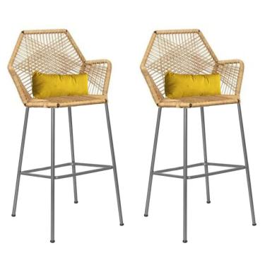 Imagem de Kit 02 Banqueta Alta Sttar Ferro Prata Fibra Palha Almofada Corino Amarelo