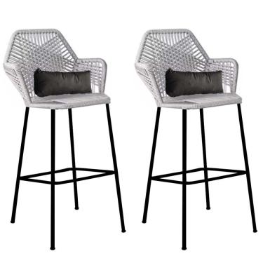 Imagem de Kit 02 Banqueta Alta Sttar Ferro Preto Fibra Cinza Almofada Cinza