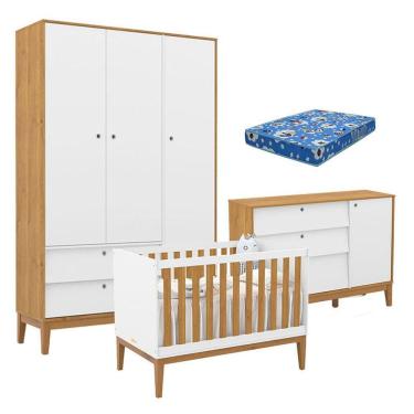 Imagem de Quarto De Bebe Unique 3 Portas Com Cômoda Sapateira Branco Soft Freijó Eco Wood E Colchão Ortobom - Matic