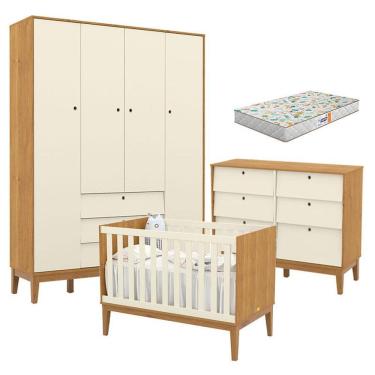 Imagem de Quarto De Bebe Unique 4 Portas Com Cômoda 6 Gavetas Freijó Off White Eco Wood E Colchão...