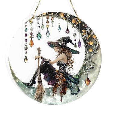 Imagem de hhdatc Charmosa bruxa do luar acrílico vitral painel de apanhador de sol pendurado deslumbrante decoração de parede e ornamento de bruxa para amigos da casa e família (design de bruxa ao luar)