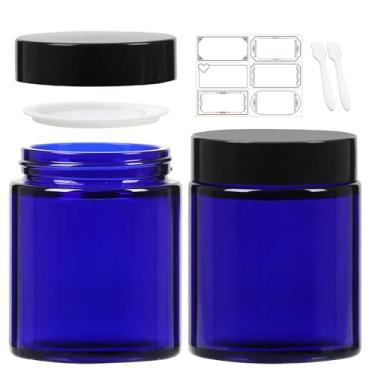 Imagem de Haneye Potes De Vidro Redondos Azuis 4 Oz, Pacote Com 2, Tampas Pretas, Recipientes Para Cosméticos, Cremes, Loções Faciais, Pó, Velas, Especiarias, Manteiga Corporal
