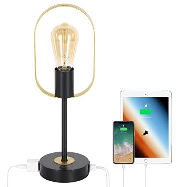 Imagem de NANANARDOSO Luminária De Mesa Industrial Metal, Vintage Com 2 Portas Usb E Tomada Ca, Cabeceira Cúpula Oval Dourada Para Quartos, Sala Jantar, Estar Café