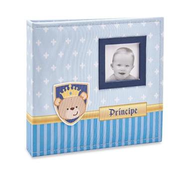 Imagem de Álbum de fotos Ical, encadernação fichário, para 150 fotos (sendo 100 10x15cm + 50 15x21cm) - envelope plástico branco - linha Bebê - capa em tecido - modelo azul urso príncipe com janela - 865