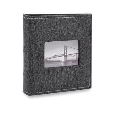Imagem de Álbum de fotos Ical, encadernação fichário, para 100 fotos 15x21cm - envelope plástico preto - linha Prestige - capa com janela - modelo cinza-escuro com costuras e janela - 480