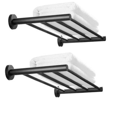 Imagem de Toalheiro de banheiro de 50 cm, toalheiro estilo hotel para banheiro montado na parede, toalheiro moderno, prateleiras de toalha de 2 camadas, preto