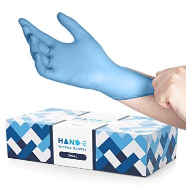 Imagem de Luvas de nitrilo azul descartáveis Hand-E pequenas – 100 unidades – Luvas de cozinha – sem pó, luvas de exame médico sem látex com aderência texturizada – Limpeza, salão, pintura