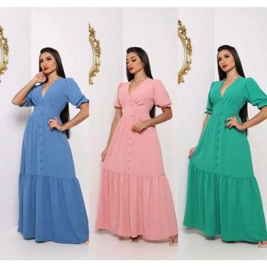 Imagem de Vestido longo manga longo manga curta decote V com botões feminina - F