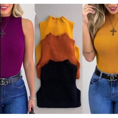 Imagem de Blusa feminina manga cavada trico gola alta moda - Filó Modas, Laranja