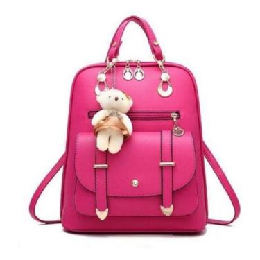 Imagem de Bolsa Mochila Feminina Couro Com Chaveiro Urso Casual - Kingleen, Rosa