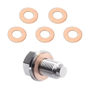 Imagem de Mandark Bujão magnético de drenagem de óleo de carro M12 x 1,25, parafuso de porca de drenagem de cárter de veículo de aço inoxidável com juntas de cobre, substituição de plugue de drenagem de cárter