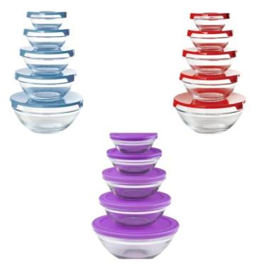 Imagem de Conjunto de 5 Potes Redondos de Vidro Herméticos com Tampa Plástica, Capacidades 150ml a 900ml, Cores Sortidas