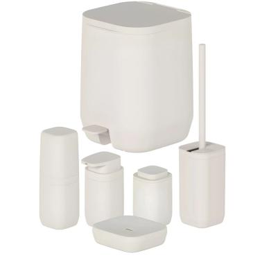 Imagem de Kit Banheiro 6pç Lixeira 6L + Porta Sabonete Escova Cotonete Dispenser Bege - Aura Ou