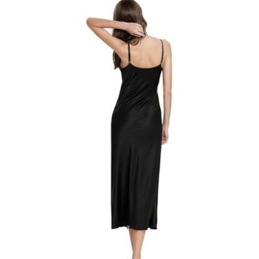 Imagem de Cor Sólida V Neck Longo Camisola Camisola Cetim Sexy Pijama De Noiva Feminino, Black, XXL