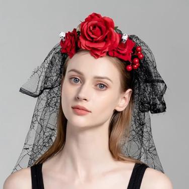 Imagem de Rose Veil Headband Red Black Flower Skull Lace Crown Women Day of The Dead Halloween Headpiece Bridal Wedding Masquerade Supplies Gothic Hair Accessories