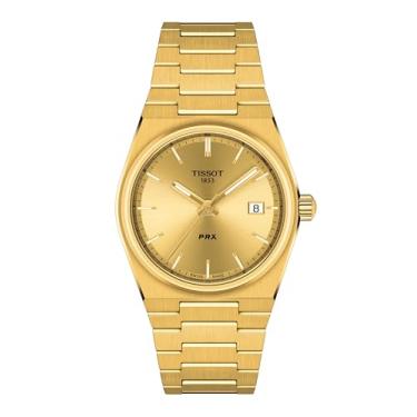 Imagem de Tissot Relógio de quartzo PRX 35 mm com pulseira de aço inoxidável, ouro, 11 (modelo: T1372103302100)