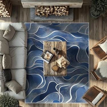 Imagem de Tapete moderno de 20 x 25 cm, azul e branco, para sala de estar, interior, lavável à máquina, tapetes abstratos, para quarto, sala de jantar, ultramacio, tapete grande, antiderrapante, antiderrapante