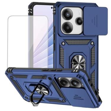 Imagem de Yodueiv Capa para Xiaomi Redmi Note 14 4G com protetor de tela de vidro temperado e capa de câmera deslizante, anel magnético suporte suporte de carro capa protetora para Xiaomi Redmi Note 14 4G azul