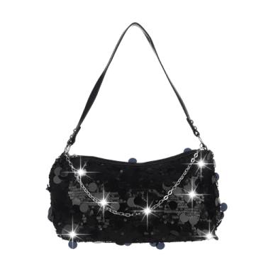Imagem de Octwine Bolsa feminina de lantejoulas brilhantes para noite com corrente de prata tiracolo bolsa de ombro para festa de formatura e boate de casamento, Preto