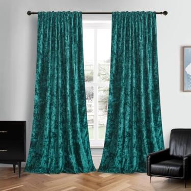 Imagem de Cortinas e cortinas de veludo esmagado verde-escuro - Cortinas de janela macias com isolamento térmico meio blackout para quarto, sala de estar, sala de jantar, porta de vidro deslizante, verde
