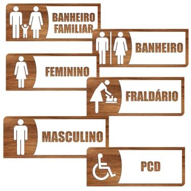 Imagem de Kit 6 Placas de Sinalização para Banheiro, MDF Efeito Madeira, 25 x 10 cm, Inclusivo PCD, Fraldário, Familiar