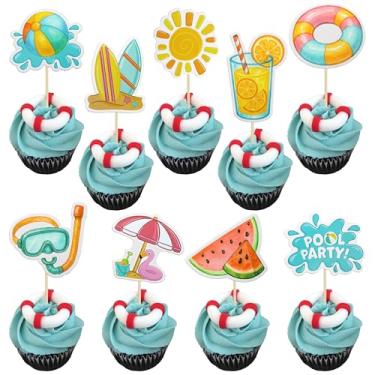 Imagem de Ephlyn 36Pcs Summer Beach Cupcake Toppers Pool Party Hawaiian Theme Cake Picks Beach Ball Sun Umbrella Coconut Watermelon Water Gun Cake Decorations for Summer Birthday Tropical Luau Party Supplies