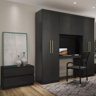 Imagem de Guarda Roupa Solteiro 6 Portas 2 Gavetas Porto Preto com Escrivaninha