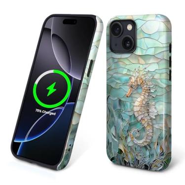 Imagem de Punmada Capa para iPhone 15 para MagSafe, capa rígida híbrida à prova de choque de silicone protetora de corpo inteiro brilhante para iPhone 15 vidro submarino padrão cavalo marinho 3D