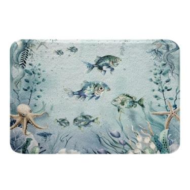 Imagem de Tapetes de banheiro de peixe, azul-petróleo, oceano, praia, litoral, 51 x 81 cm, estrela do mar, tentáculos, tapete de porta, criatura subaquática, coral, decoração de quarto de peixe kawaii