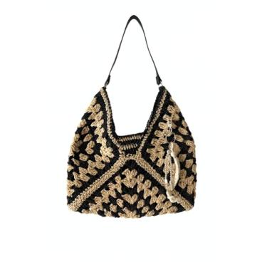 Imagem de Bolsa de ombro de crochê feita à mão com pingente de contas – Bolsa feminina de tecido boho – Bolsa estilo palha natural com chaveiro de flor de crochê vermelho