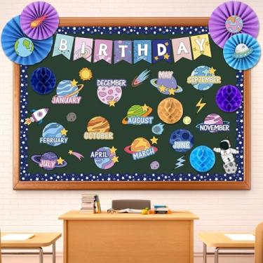 Imagem de Pasimy Quadro de avisos de aniversário no espaço sideral, decoração de sala de aula, recortes, astronauta, planeta, sistema solar, quadro de avisos, borda para escritório, sala de aula, parede