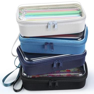 Imagem de Gaillty Estojo de plástico rígido transparente com zíper, 4 peças, estojo de plástico rígido grande, organizador de viagem portátil para cosméticos de escritório (cinza, azul escuro, azul, preto)