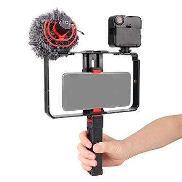 Imagem de FocusFoto suporte para câmera de vídeo para smartphone, suporte de gaiola, estabilizador (versão de cabo removível) com microfone BOYA por -MM1 + 49 kit de luz LED para celular, iPhone e filmagem de vídeo