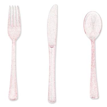 Imagem de hapray Conjunto de talheres de plástico ouro rosa, 180 peças, talheres descartáveis de ouro com glitter, conjunto de talheres, 60 garfos de ouro, 60 facas de ouro, utensílios de festa extravagantes