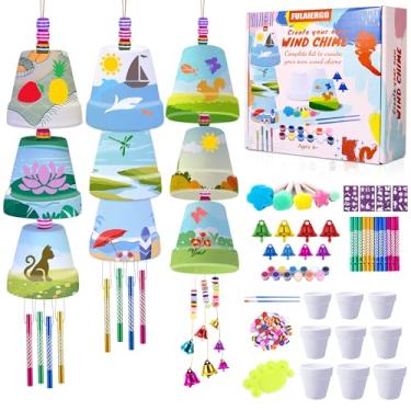 Imagem de FULAIERGD Kit de fabricação de sinos de vento para crianças - Kit de pintura artesanal de sino de vento - pote de cerâmica, sinos, estênceis e contas, artesanato faça você mesmo, presentes para