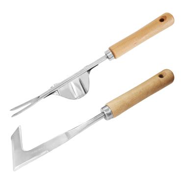 Imagem de PDETVEO Conjunto de ferramentas de remoção de ervas daninhas de jardim de 2 peças, extrator de ervas daninhas de aço inoxidável com cabo ergonômico de madeira, garfo manual resistente para gramado