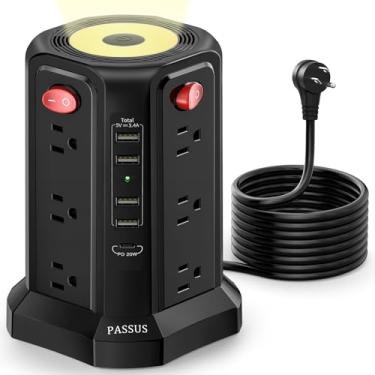 Imagem de Filtro de linha com 5 portas USB (1 USB C PD20W), tiras de alimentação PASSUS de 2ª geração com luz noturna, cabo de extensão de 3 metros com vários
