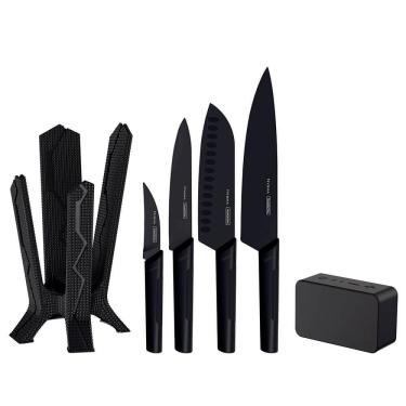 Imagem de Jogo de Facas Tramontina Nygma Lâminas Inox e Cabos Polipropileno Preto Suporte e Caixa de Som 6 Pçs