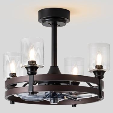 Imagem de zsvicka Ventilador de teto em gaiola com luz, ventilador de teto de fazenda de 53 cm com luz para quarto/cozinha/jantar/sala, ventilador de teto preto com luzes controle remoto, motor CC, quatro luzes