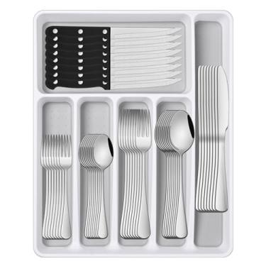 Imagem de Conjunto de talheres de 49 peças com organizador e facas de bife, conjuntos de talheres de aço inoxidável para 8 pessoas para cozinha doméstica, conjuntos de talheres de mesa, inclui conjuntos de