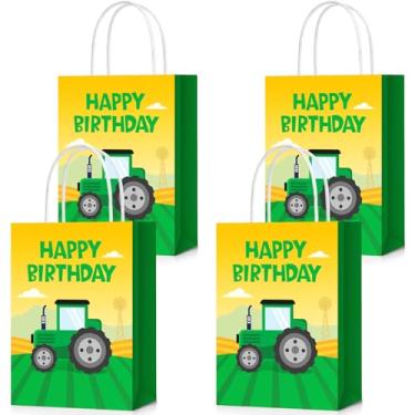 Imagem de AmazingSpark 12 peças de sacos de presente de aniversário de trator verde tema de festa com alças para decoração de festa de aniversário temática de fazenda suprimentos