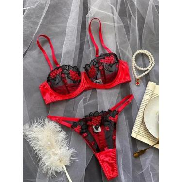 Imagem de Conjunto De Sutiã Com Aro E Bordado Floral Em Tule, Lingerie Transpare