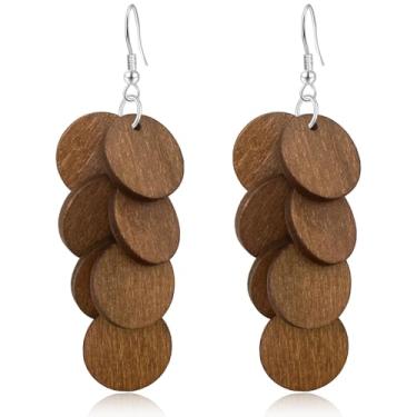 Imagem de WIKMAB Brincos de madeira boêmia, geometria, redonda, leves, pendentes, pendentes de madeira natural, círculo, franja, gancho, brincos, small item, Madeira, Sem pedra preciosa